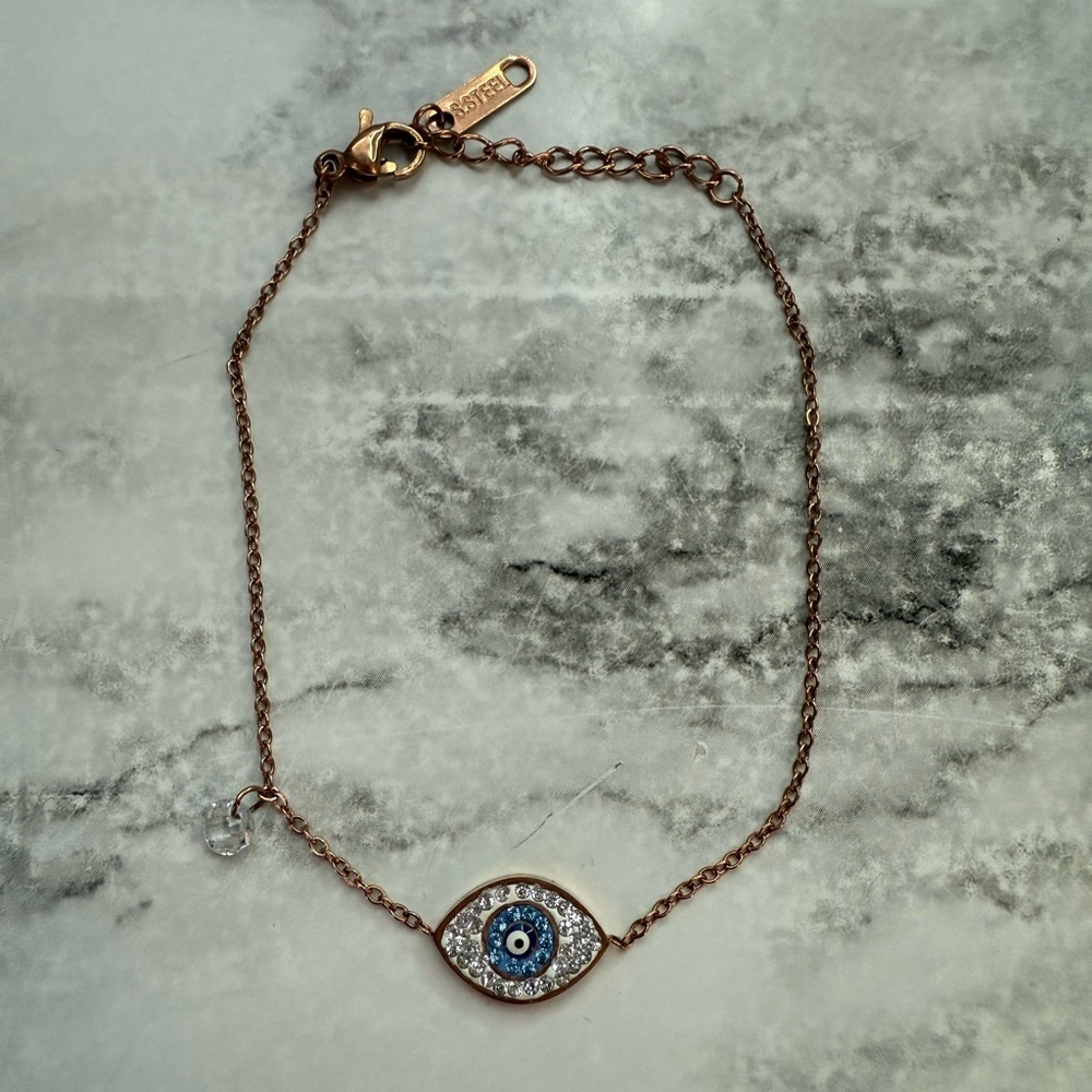 Stainless Steel Evil Eye Rose Gold Tone Charm Bracelet 7.25 Inch NIB